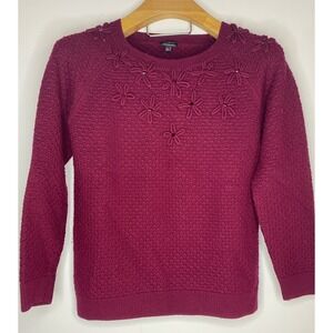 Talbots Pure Merino Wool Sweater Burgundy Floral Embellished Crew Neck Size L